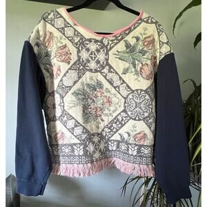 Tapestry sweatshirt, reworked crewneck and blanket, floral, pastel, fringe